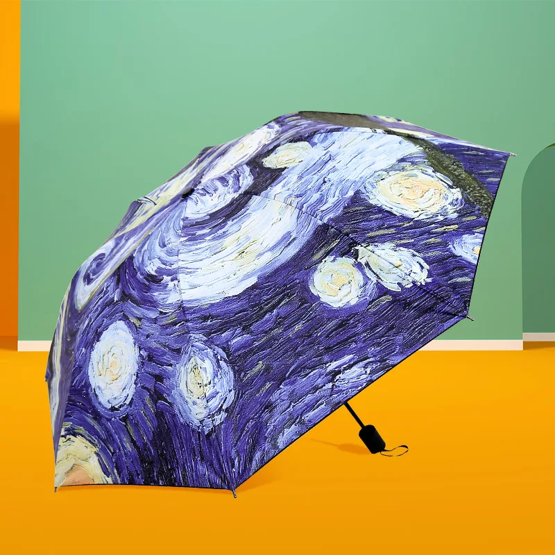 High Quality Folding Umbrella Female Windproof Paraguas Van Gogh Oil Painting Umbrella Rain Women Black Coating Parasol