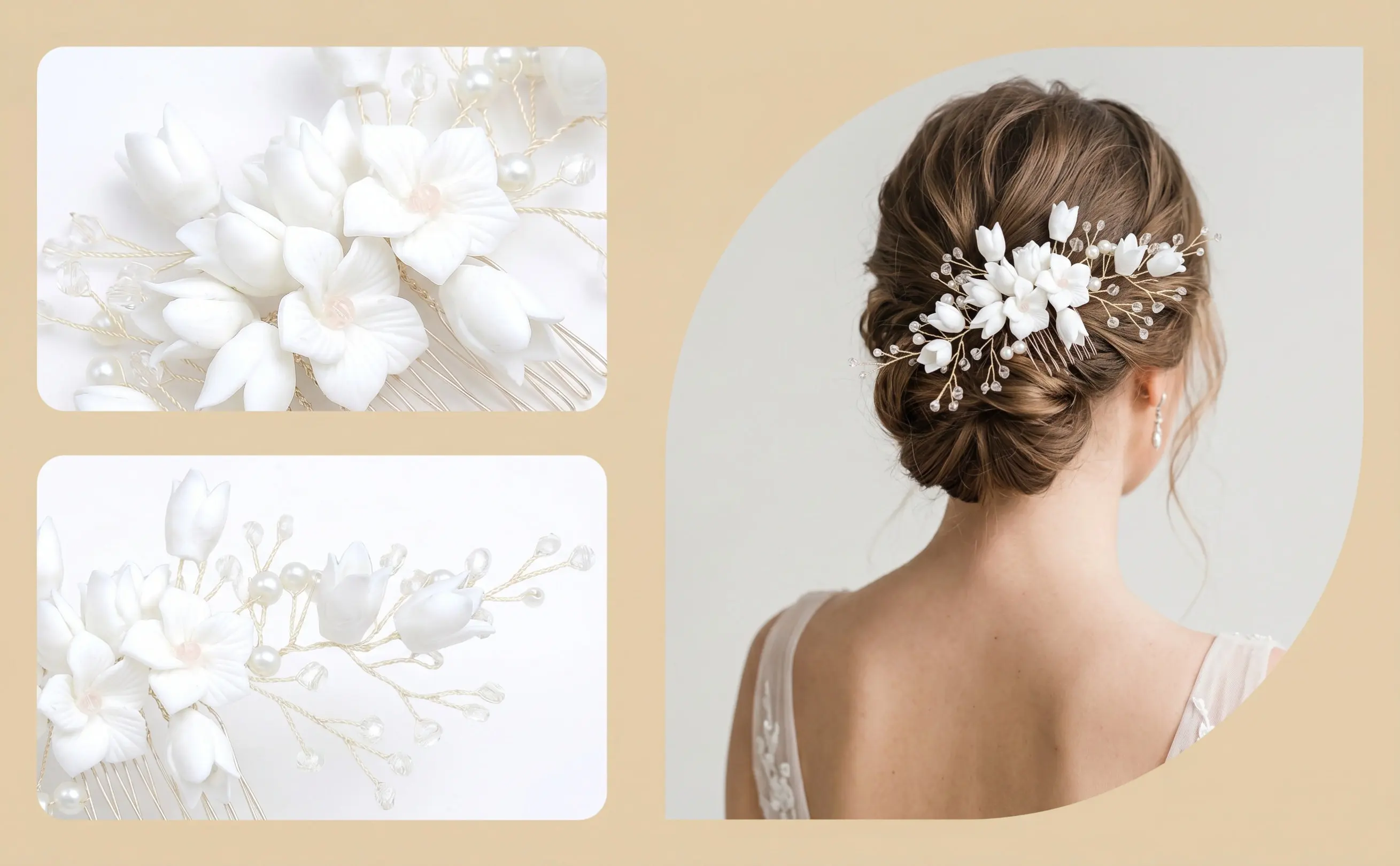 Handmade White Polymer Clay Flower Hair Comb Bridal Pearl Crystal Beads Wedding Decoration Brides Bridesmaids Updo Half Up