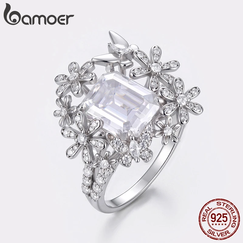 BAMOER Full Moissanite Flower Ring Emerald Cut Open Ring 925 Sterling Silver Twinkling Marquise Ring for Women Jewelry Gift