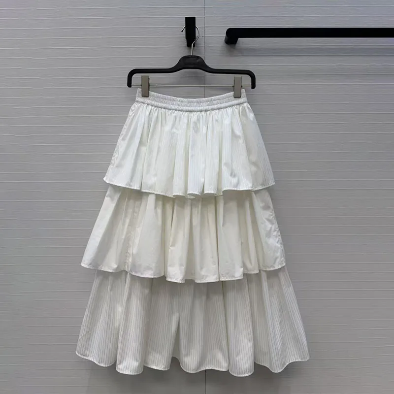 Women's White Cake Skirt, Casual Versatile Ruffle Cascading Midi Skirt, High Quality Cotton Commuter Skirt, 2026, New, y2k;
