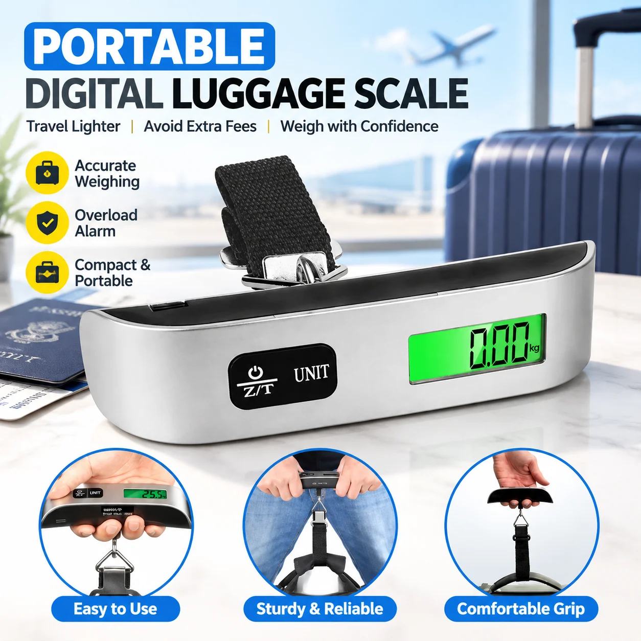 Portable Digital Luggage Scale 50kg/110lb Handheld Suitcase Weigher with LCD Display and Overload Alarm for Travel