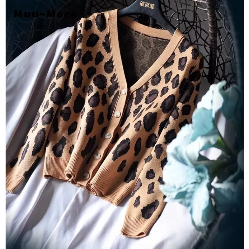 2025 Autumn Vintage Fashion Casual Single Breasted Sweater Women Knit Leopard Print Jumpers Long Sleeve Slim Fit Cardigans