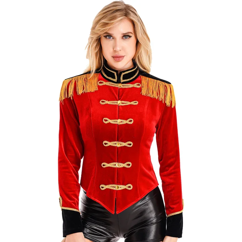 

RT01 Women Circus Ringmaster Costume Set Long Sleeve Fringed Jacket Coat Hat Bow Collar Gloves Halloween Cosplay Dress Up Pe*Jk2