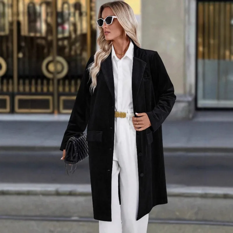 Luxury Vintage Velvet Trench Coat New Loose Turn-Up Collar Long Sleeves Casual Single-Breasted Long Blazer Coat Women's Jacket - view 2