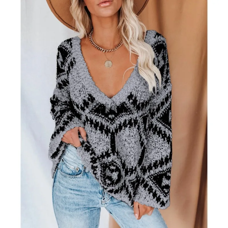 Otoño Invierno nuevo suéter de punto estampado mujer moda cuello pico suelto manga larga suéter temperamento señoras prendas de punto Tops