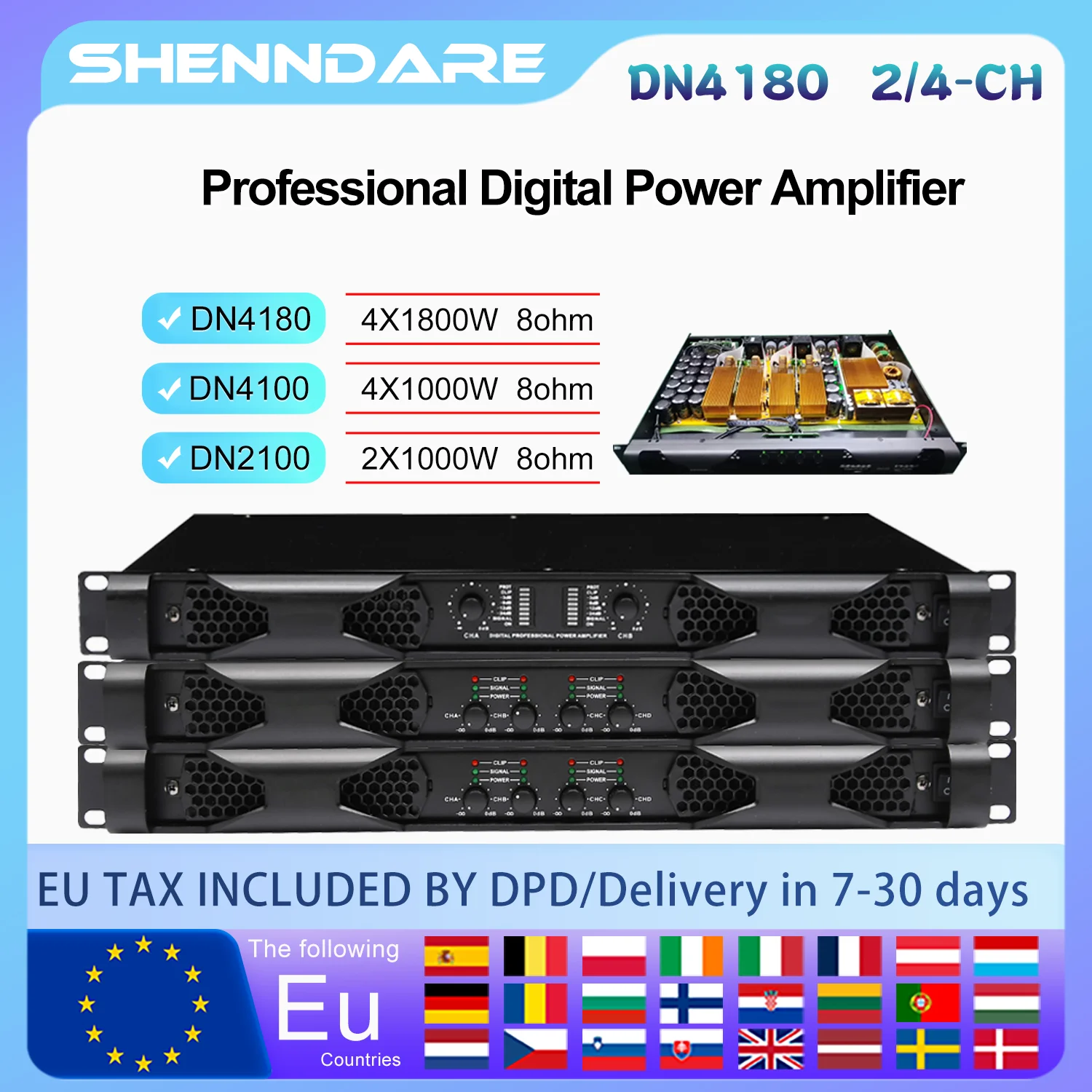 

SenMicre DN4180 Digital Power Amplifier 4x1800W 8ohm 4 Channel Sound Amplifier Audio Subwoofer AMP4x3500w 4ohm Line Array Speake