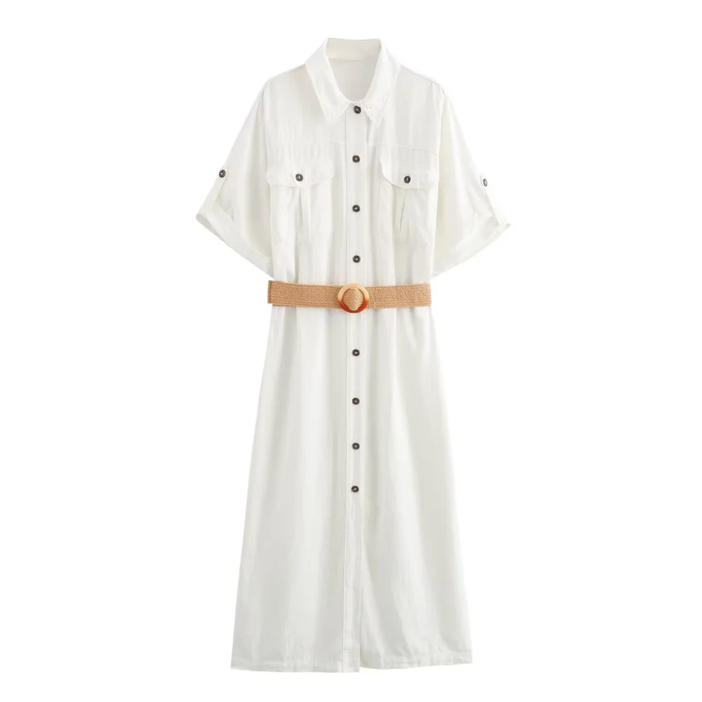 

Taop&Za Women's Fashion Collar Curled Edge Short Sleeve Midi Long Dress Summer New Style with Belt Shirt Dress