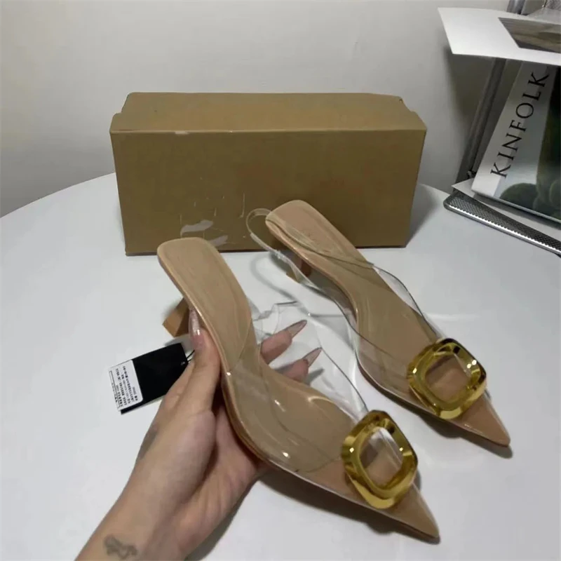 Metal Square Loop Kitten Heel Slingbacks New Women Transparent Upper Spike Heels Summer Chic Pumps Sandals Shoes For Woman