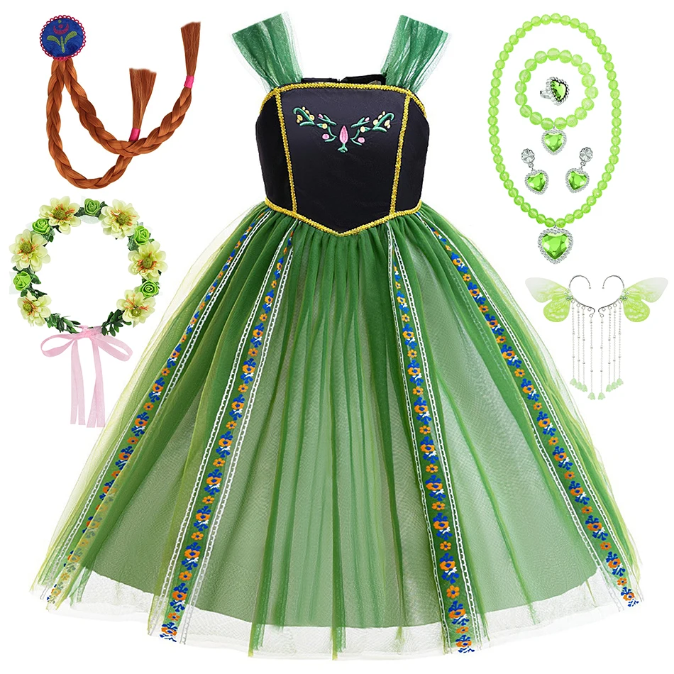 Anna Green Fairy Princess Dress Children Halloween Cosplay Floral Tulle Frock Girls Birthday Carnival Party Elegant Ball Gown