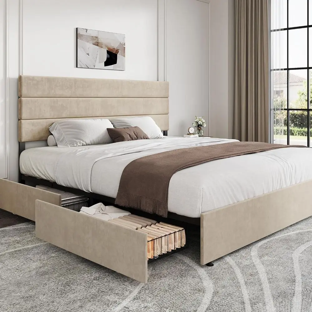 

Beige Velvet King Size Bed with 4 Drawers, Metal & Wood Slat Support, No Box Spring, Easy Assembly