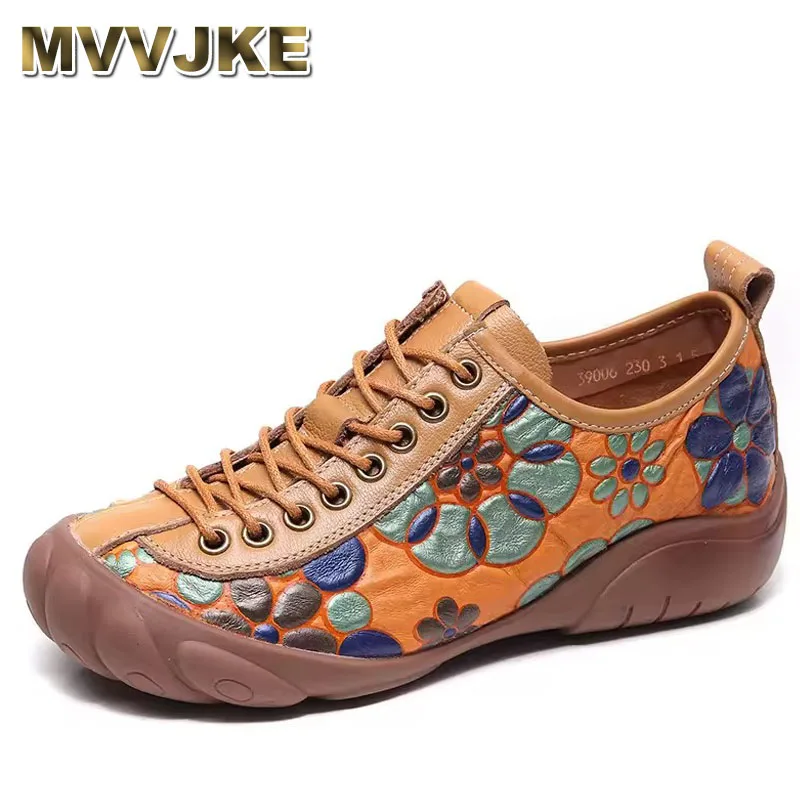

Genuine Leather Flats Women Shoes Print Lace-up Round Toe Spring Concise Leisure Retro Handmade Ladies Shoes