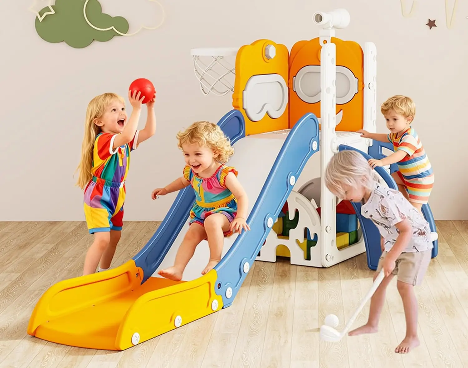 8-in-1 Toddler Slide, Indoor/Outdoor Play Set with Storage, Climber, Telescope, Golf Set, Drawing Set, Basketball Hoop