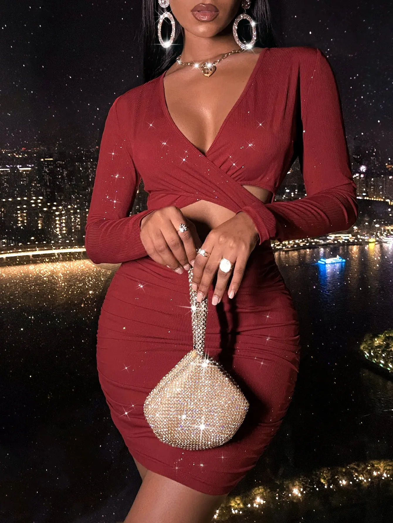 Plunging Neck Cut Out Front Bodycon Dress Fall Cloth For Women