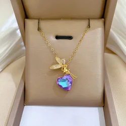 Fashion Butterfly Fairy with Colorful Heart Crystal Zircon Necklace for Women Girls Sweet Creative Jewelry Stainless Steel Chain