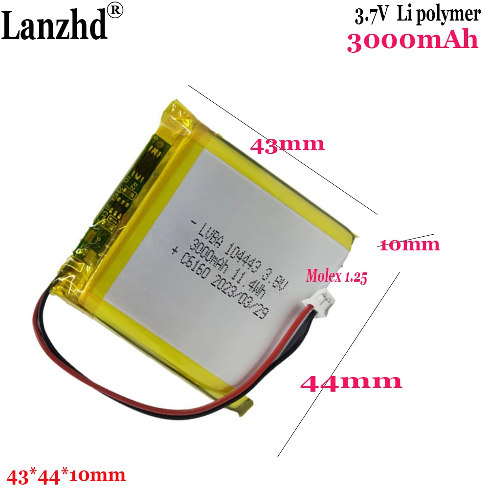 1-12Pcs 3.7V 3000mAh Lipo Battery Pure cobalt cell with Molex 1.25 For Intelligent lock GPS Power Bank E-Book PAD Tablet 104443