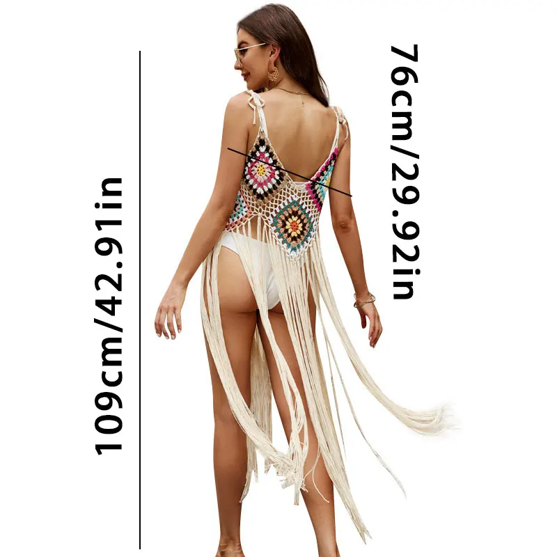 2024 New Hand Crochet Tassel Long Dress For Women V-neck Bikini Cover-up Boho Sexy Beach Skirt Sleeveless Ladies Vacation