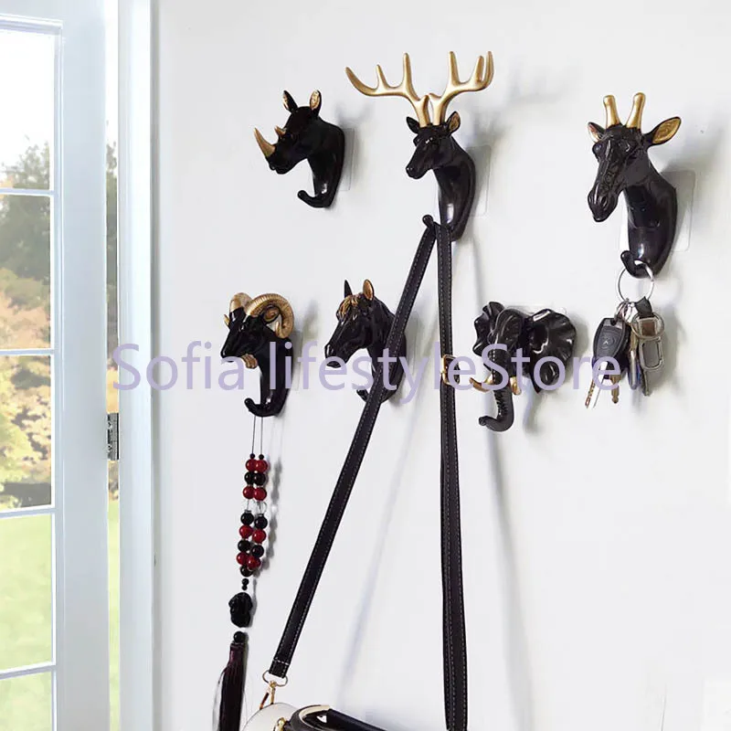 1pc Hanging Hook Animal Head Decorative Hook Deer Elephant Unicorn Rhinoceros Hanger Hook Keys Clothes Hat Wall Decoration Rack