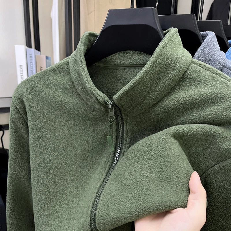 Men's Fleece Jacket Half Zip Stand Collar Outdoor Warmth Sheepskin Lined Sweatshirt Casual Style Autumn Winter Coat