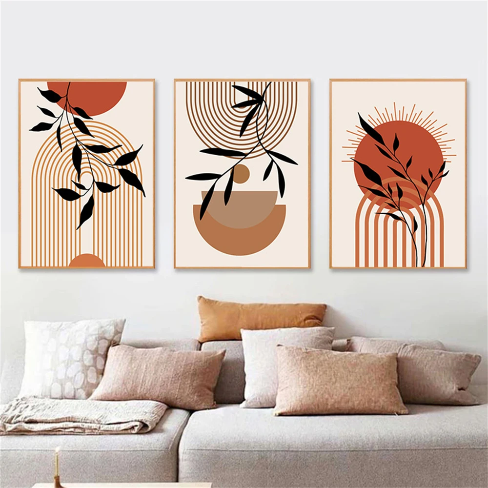 

Leaves Geometric Lines Abstract Boho Posters Plant Canvas Painting Sun Wall Art Prints Pictures for Living Room Home Decoration