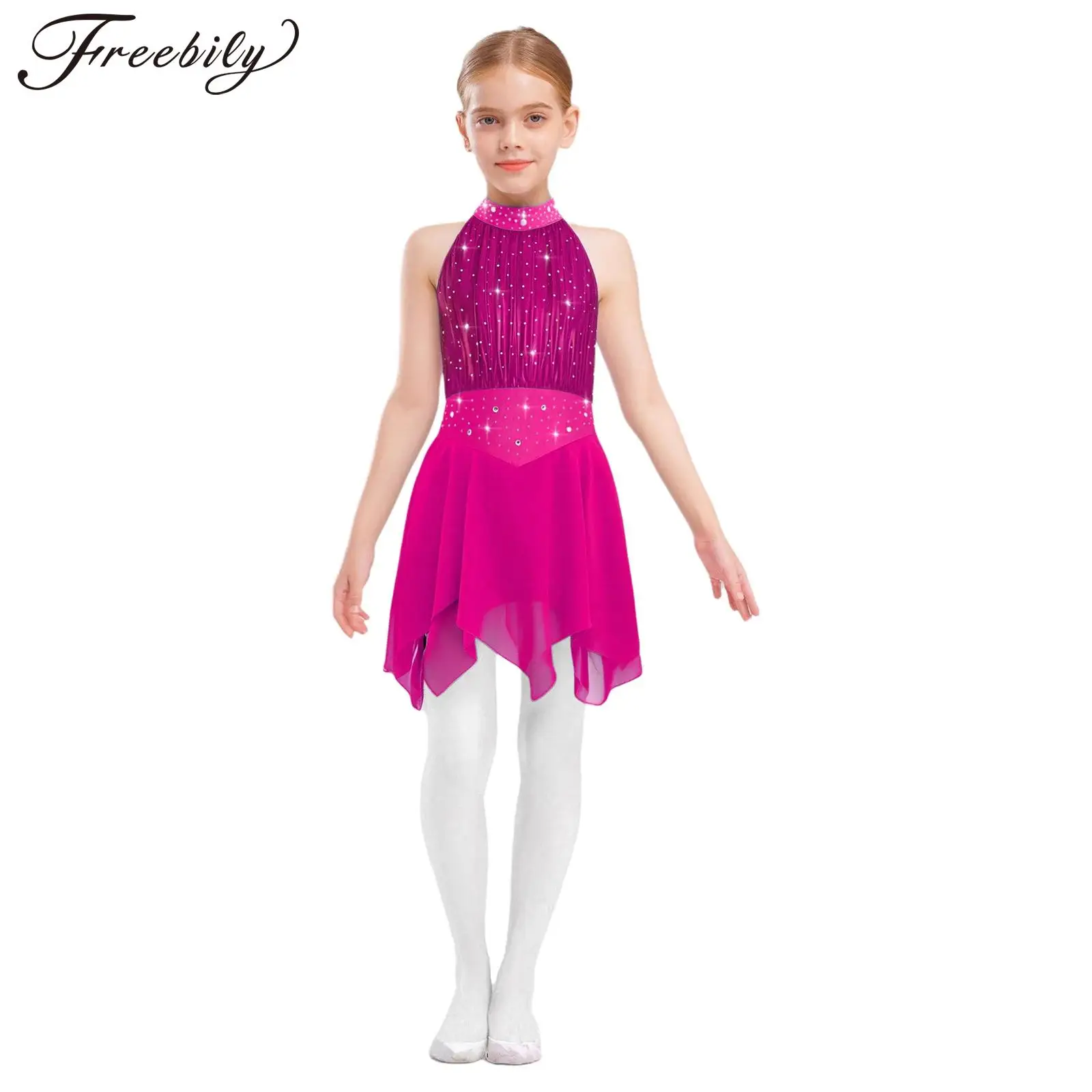 

Kids Girls Lyrical Dance Figure Skating Dress Shiny Rhinestones Mesh Bodice Ballet Gymnastics Leotards Stage Performance Costume