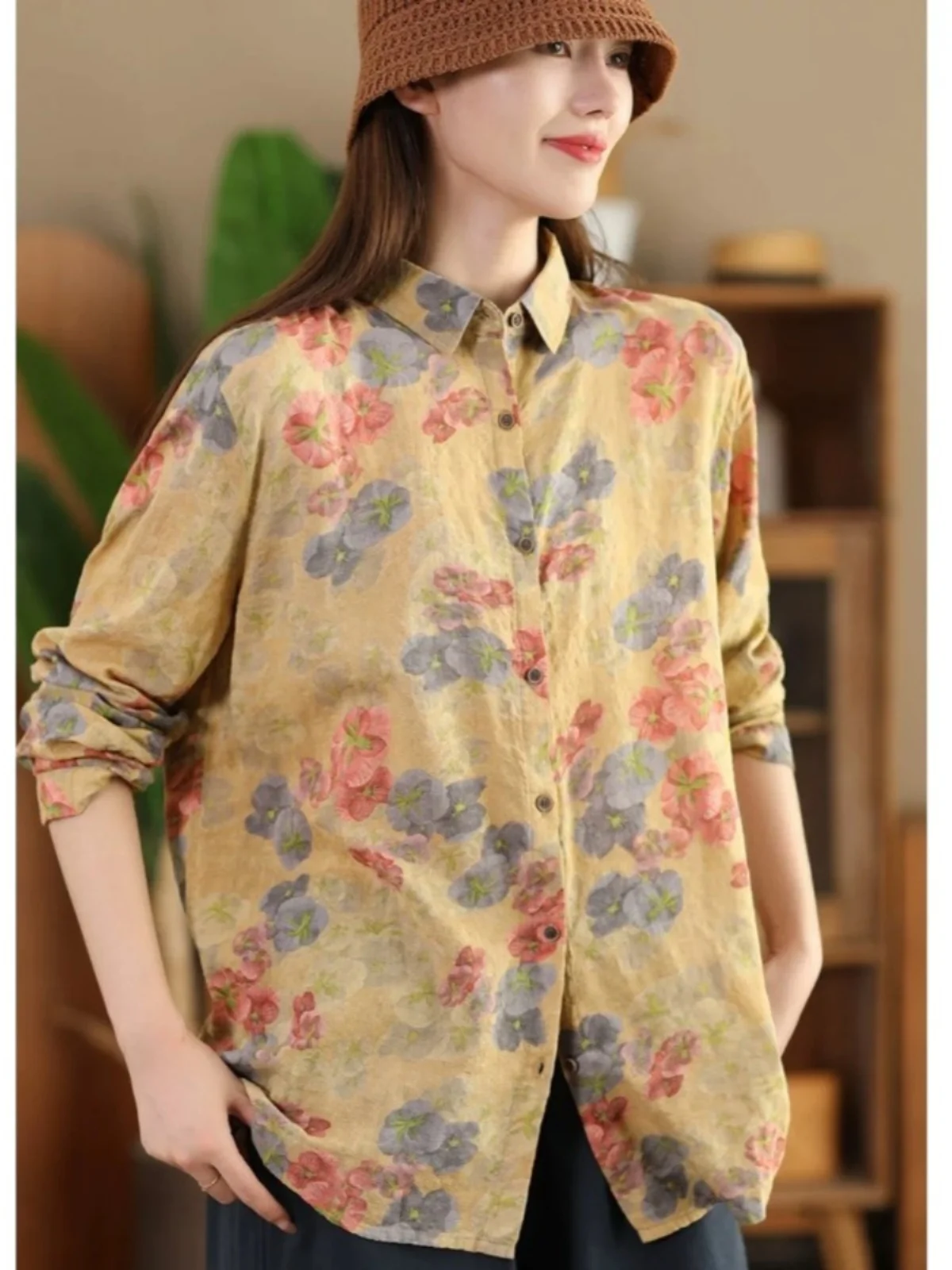 Retro Sle Long Sve katoen linnen bloemenprint losse casual kraag dames irt lente afslankende basislaag top