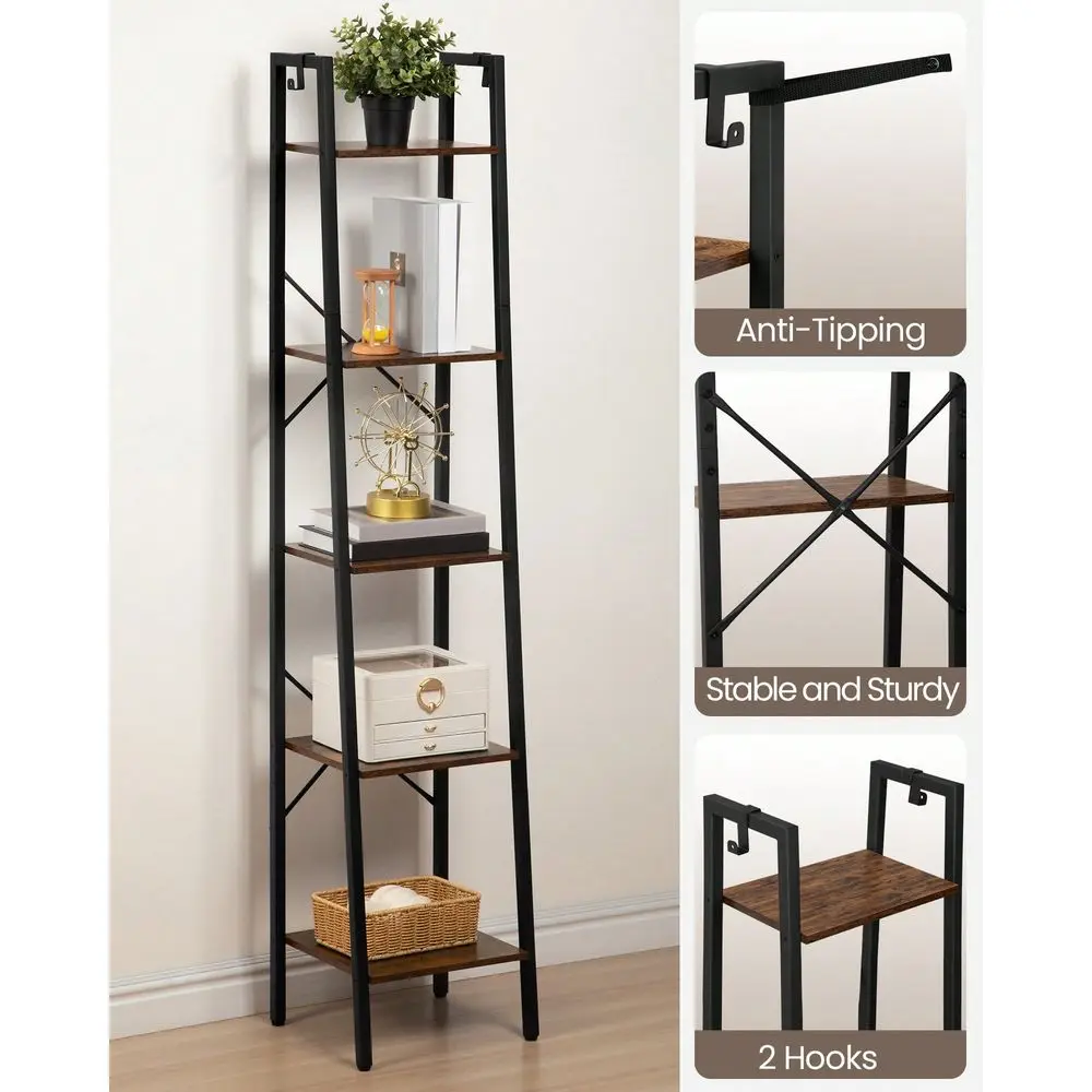 

Ladder Shelf, Bookshelf Bookcase, Freestanding Corner Storage Shelve With 2 Hooks For Home Office, Living Room, Kitchen, Bedroo