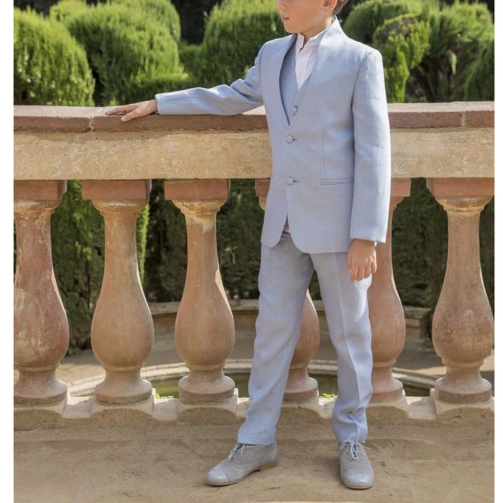Chic Linen Boys Suits 3 Piece Stand Collar Single Breasted Slim Tuxedo for Kids Daily Casual Formal Suit (Blazer+Vest+Pants)