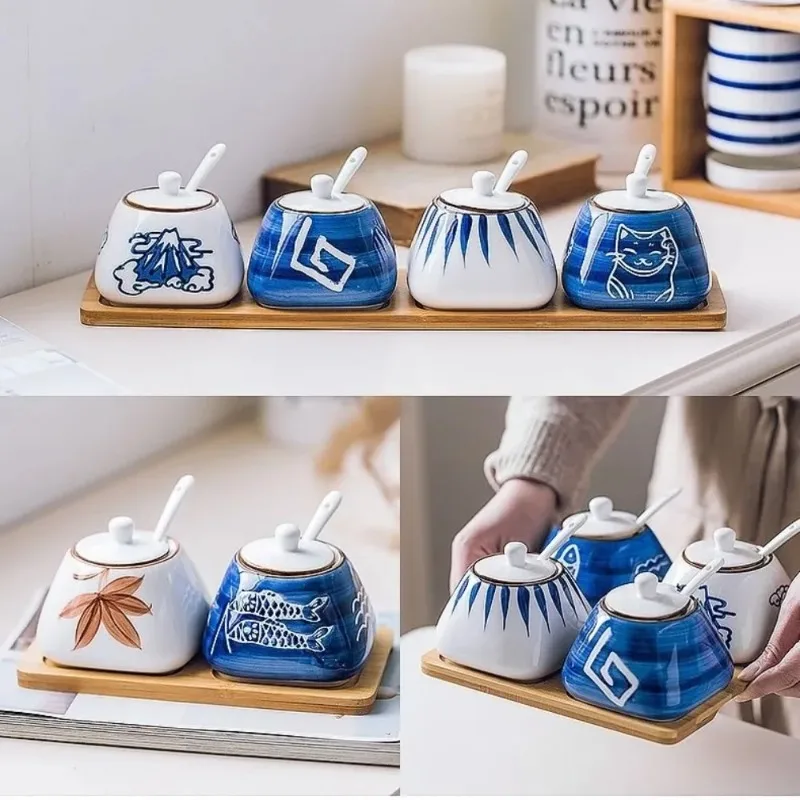 Household Chinese Antique Ceramic Seasoning Pot Set Lard Pot Pepper Pot Oil Tank Kitchen Condiment Storage Box Supplies