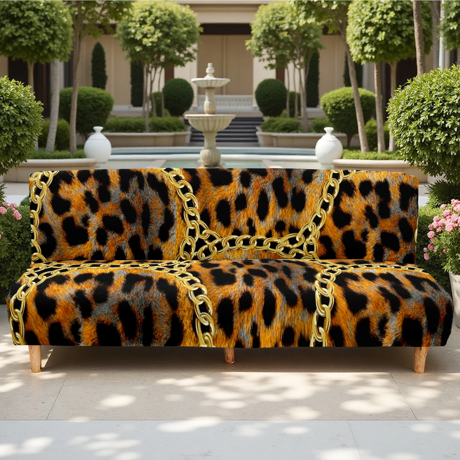 Leopard Print Chain Design Summer Outdoor Sofa Bed Cover, Elastic Milk Silk Fabric, Pet - Friendly, Machine