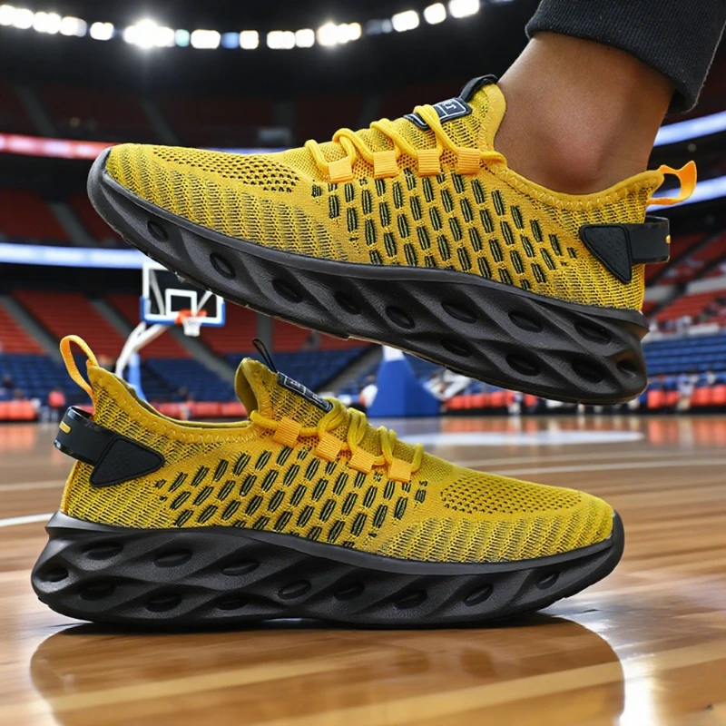 Zapatillas de baloncesto atléticas para hombre, zapatos deportivos funcionales antideslizantes de moda con diseño de malla aireada superior tejida de color amarillo brillante