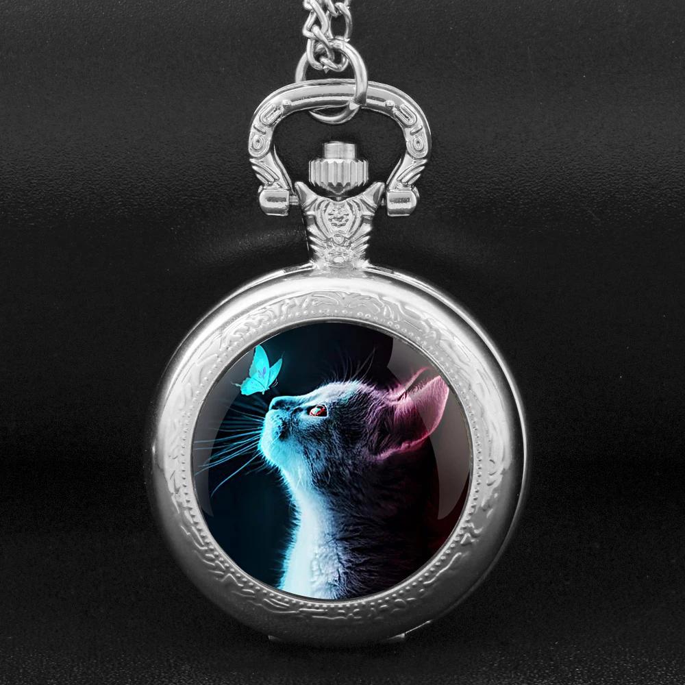 Creative Ctue Cat Quartz Pocket Watch Women Men Fashion Glass Dome Necklace Unique Pendant Silver Clock Watch Gift Accessories