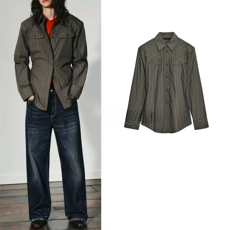 

Осенний новый женский шелковый топ с отложным воротником в полоску, удобный дышащий топ из смеси хлопка и полиэстера