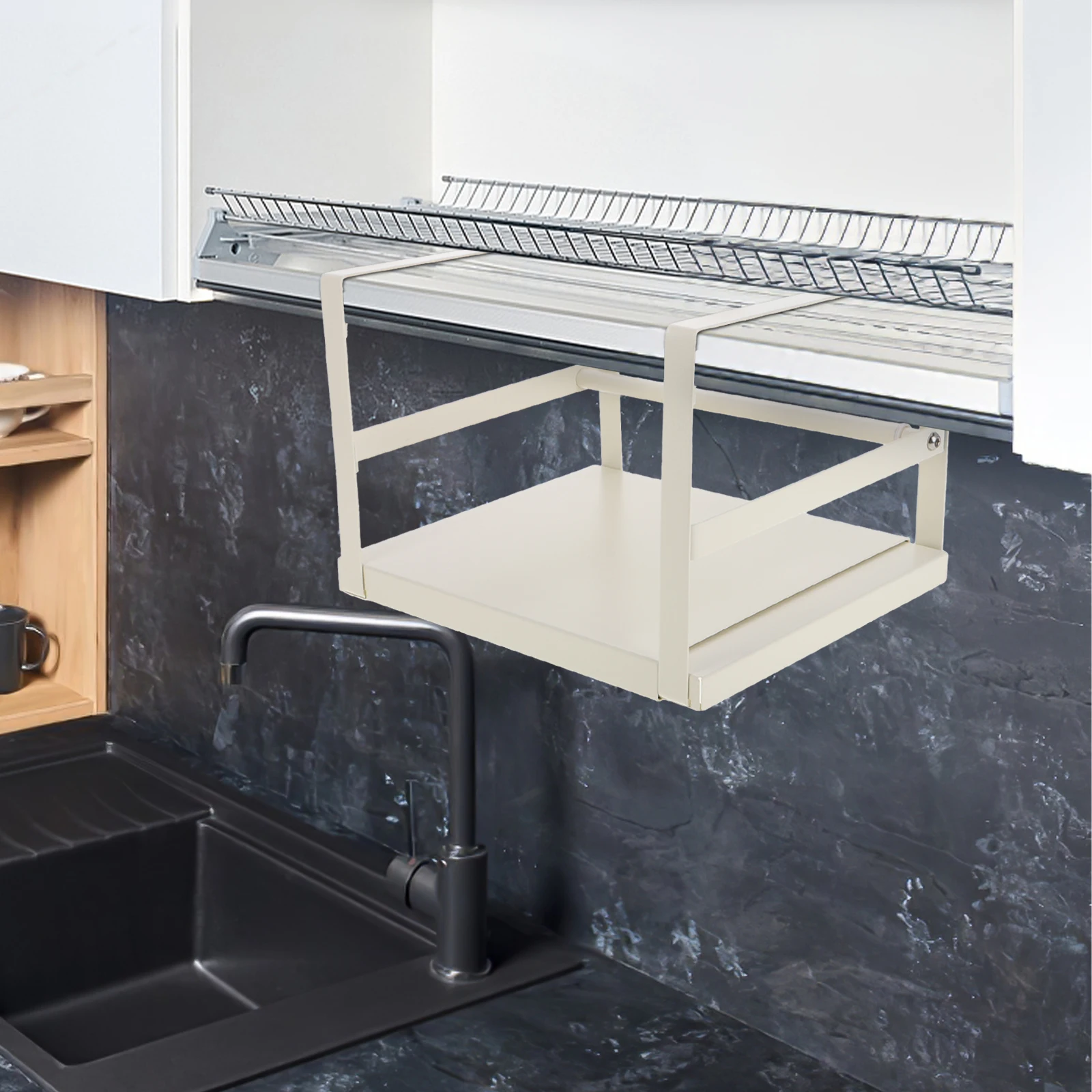 

able Kitchen Shelf Basket for Cabinet Storage Maximized Space Utilization Hanging Rack Pantry Under Desk ganizer