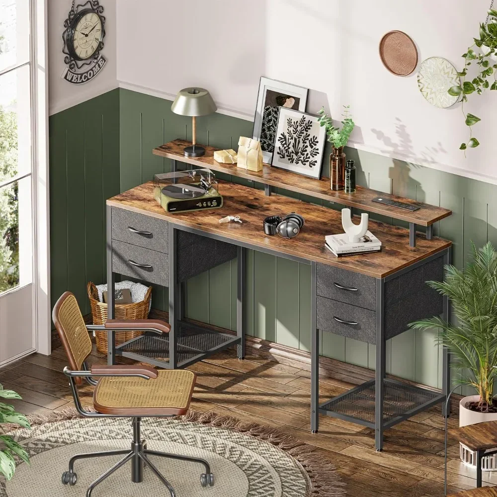 

A 55 inch Computer Desk with 4 Drawers, Gaming Desk with LED Lights & Power Outlets, Home Office Desk with Large Storage