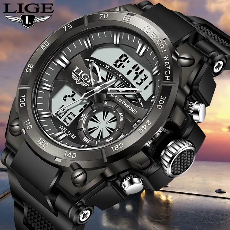 

LIGE Digital Men Military Watch 50m Waterproof Wristwatch LED Quartz Clock Sport Watch Male Big Watches Men Relogios Masculino