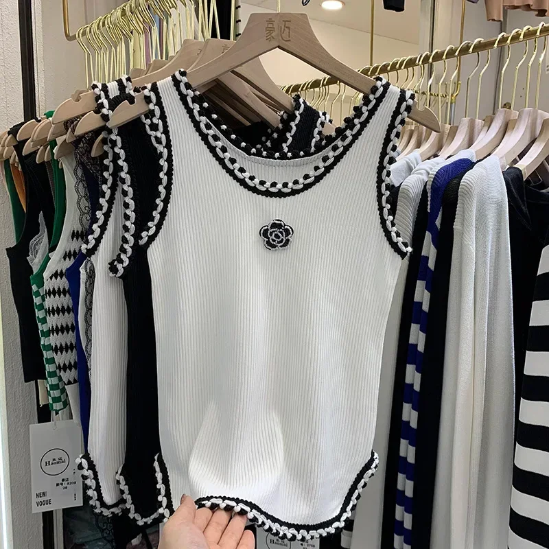 

2024 New Women Summer Thin Curved Beads Knitted Vest Sleeveless Knit Camisole Tops Female O-Neck Outer Wear Inner Top Tank Rose