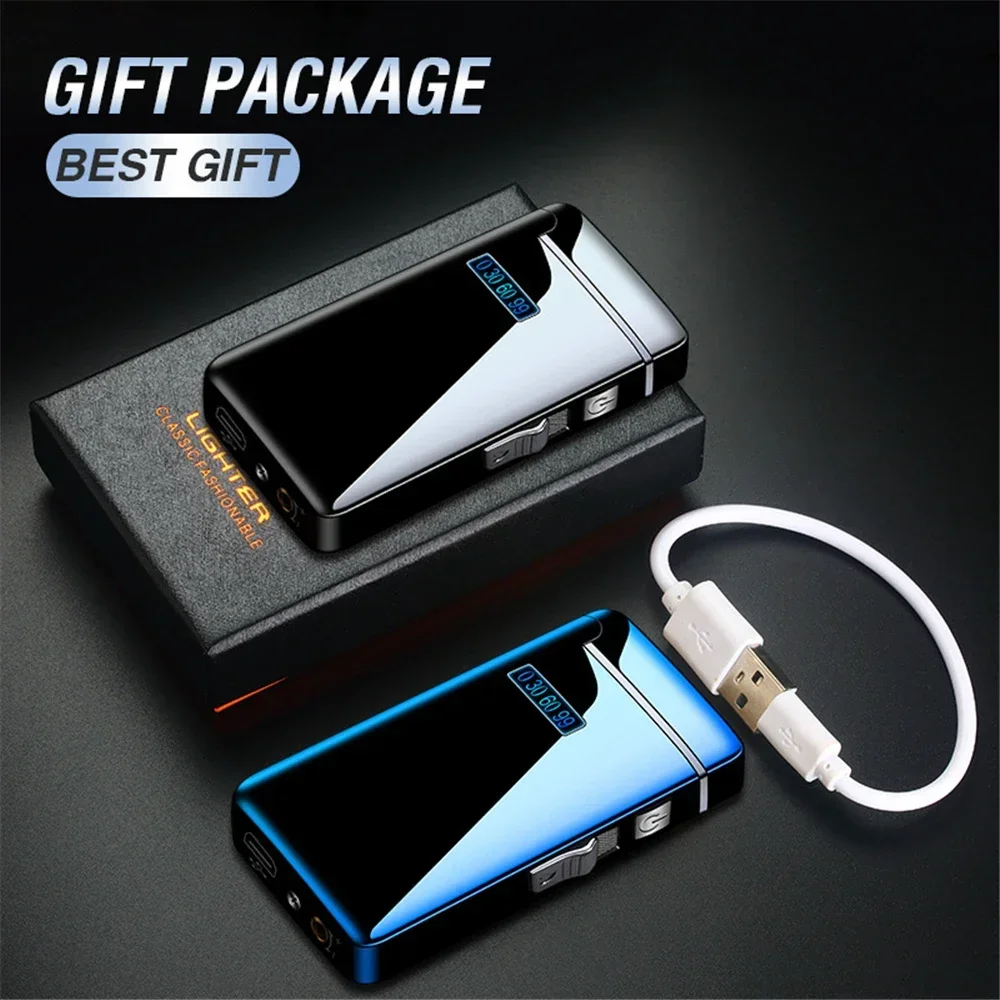 2 in 1 Dual Plasma Arc Lighter Portable Metal Jet Strong Flame Lighter USB Rechargeable Gas Electric Butane Cigar Lighter Gadget