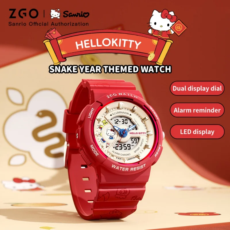 Reloj Digital ZGO Sanrio Hello Kitty para mujer, reloj electrónico rojo multifuncional deportivo resistente al agua para regalo de estudiantes 8573