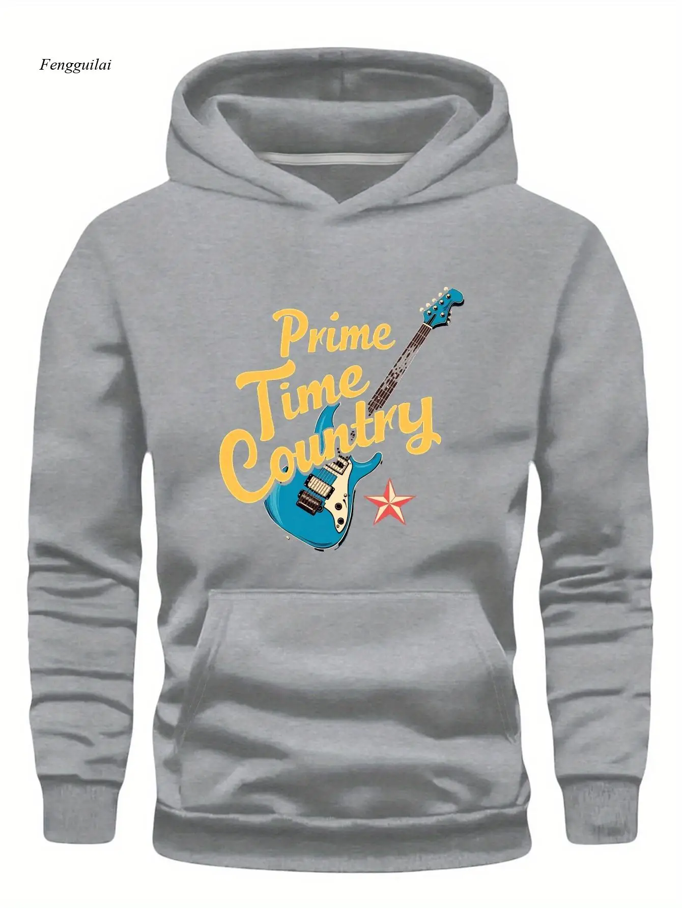 Prime Time Country grafische hoodie - levendig rood gitaar- en sterrenontwerp, loszittende casual trui, wasbaar in de machine