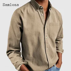 Men's Stand Pocket Casual Shirts Clothing 2024 Single Breasted Top Khaki Black Soft Blouse Men Long Sleeves Fashion Shirt blusas