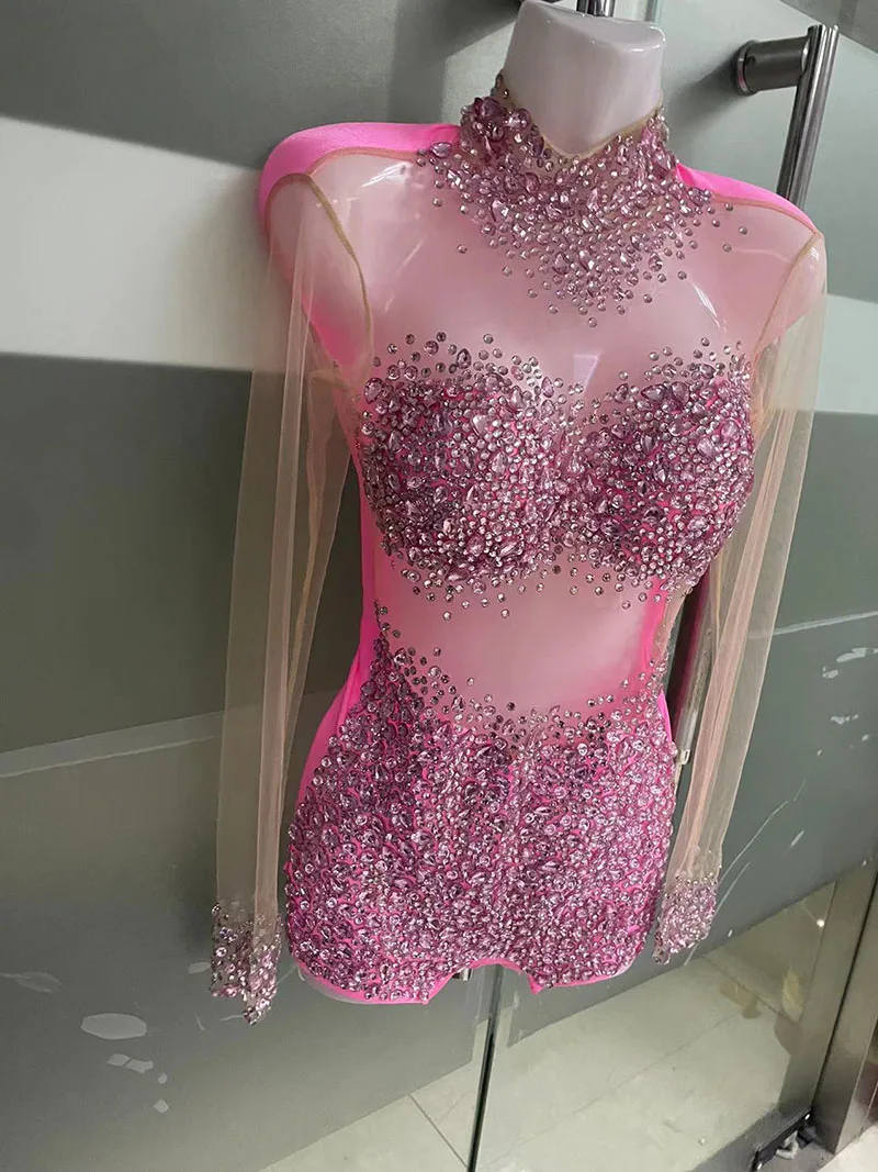 Costume Sexy Mesh Transparent Stones Bodysuit Birthday Party Outfit Rhinestones Rompers Women Singer Team Dance Pink White Blue