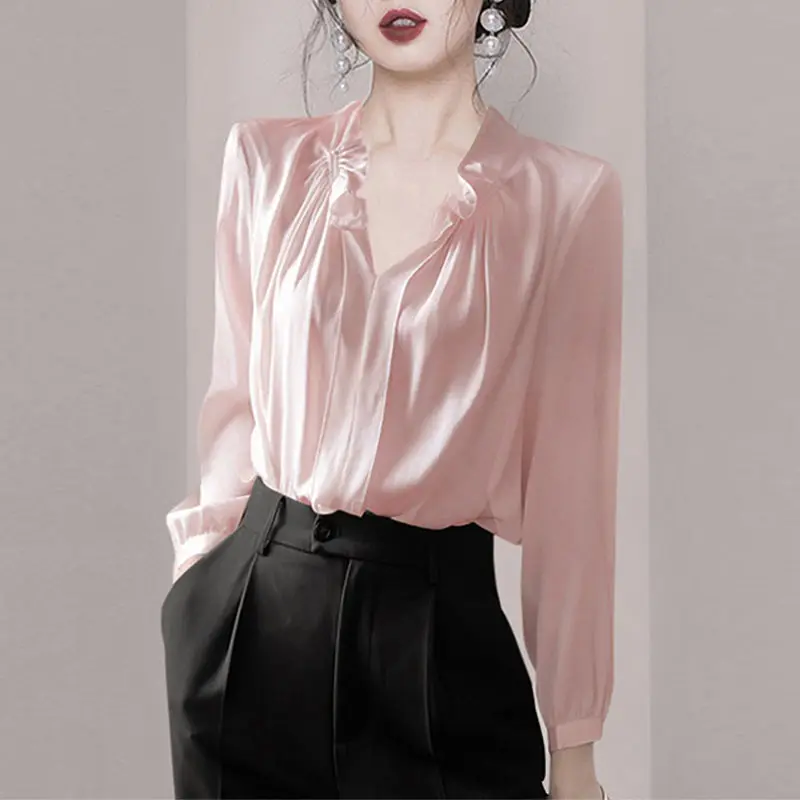 Classic Temperament Solid Color Blouse Women Long Sleeve V-neck Slim Office All-match Pullover Personality Design Lady Shirt