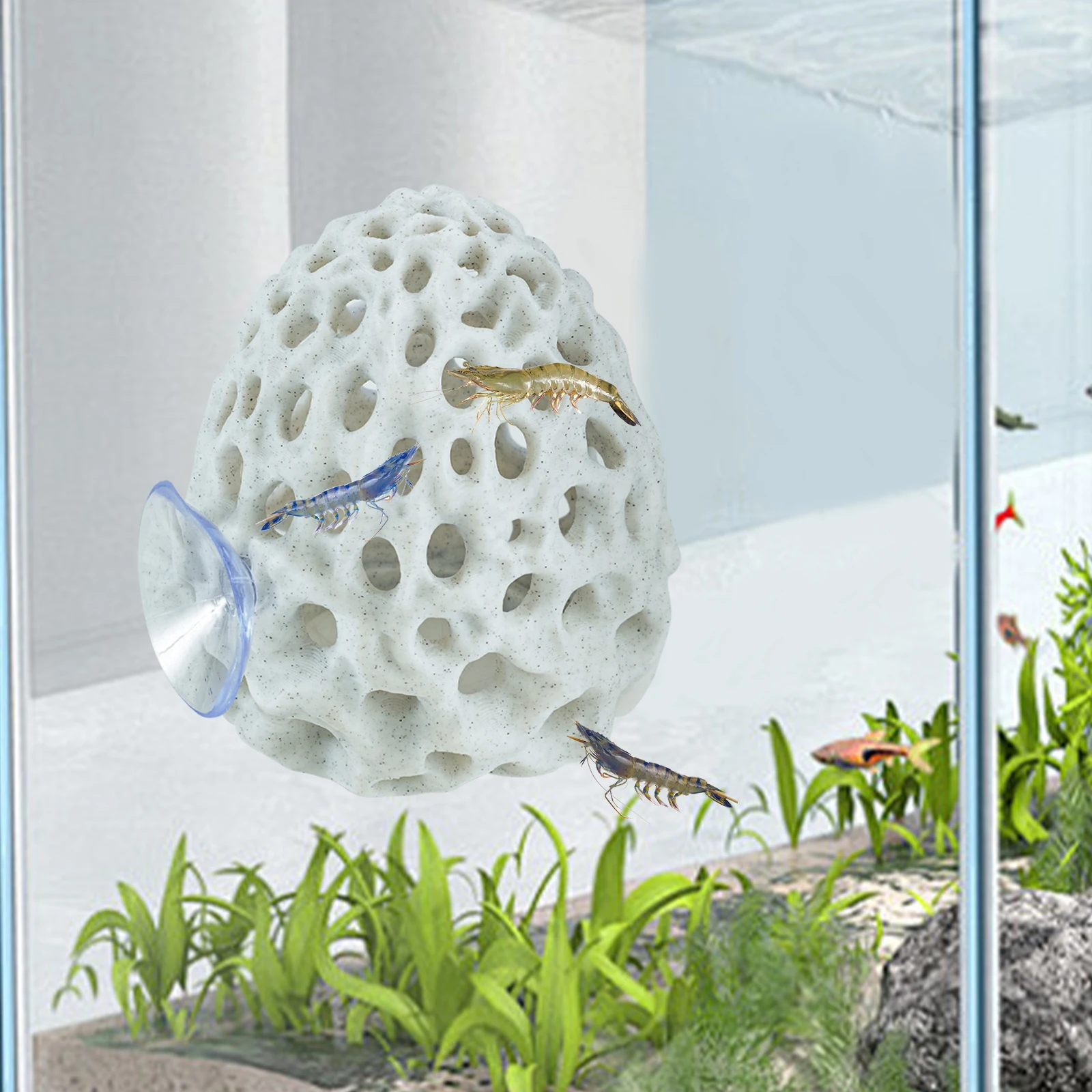 مخبأ الروبيان لحوض السمك، مخبأ سمكة بيتا مع كوب شفط، ديكور حوض السمك للأسماك الصغيرة، إخفاء الاستراحة