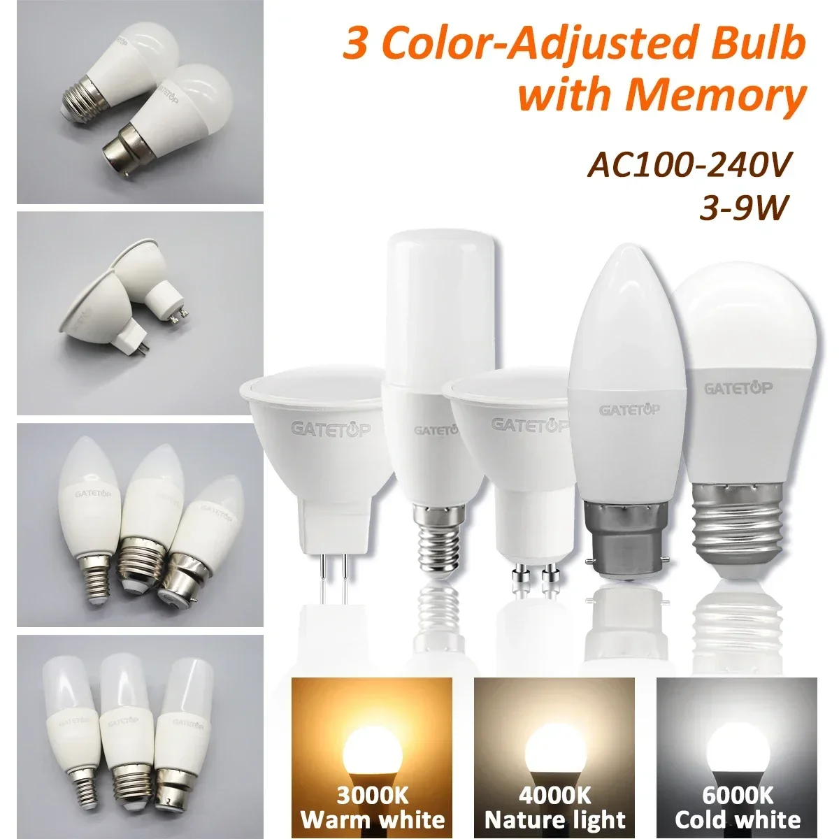 

4pcs LED Spot Light GU10 Wall Switch CCT 3000K 4000K 6000K E14 E27 B22 GU5.3 Base Light Bulb AC110V 220V Memory Function Color