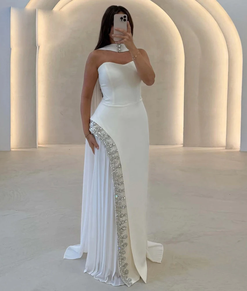 

Customized Luxury Crystal Satin A-Line Evening Dress Fashion Sweetheart Sleeveless Floor Length prom dresses Custom Size