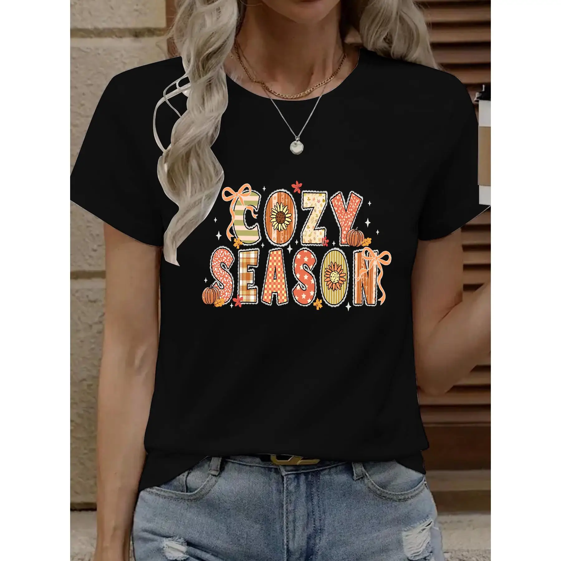 

T - Shirt With “COZY SEASON” In Autumn - Themed Patterns, Perfect For Embracing The Fall Vibes.