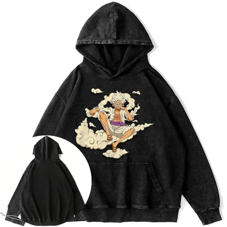 

Men's Vintage Black Cotton Hoodie with Anime One Piece Character on Cloud Relaxing Back Print Casual Long Sleeve Sweatshirt
