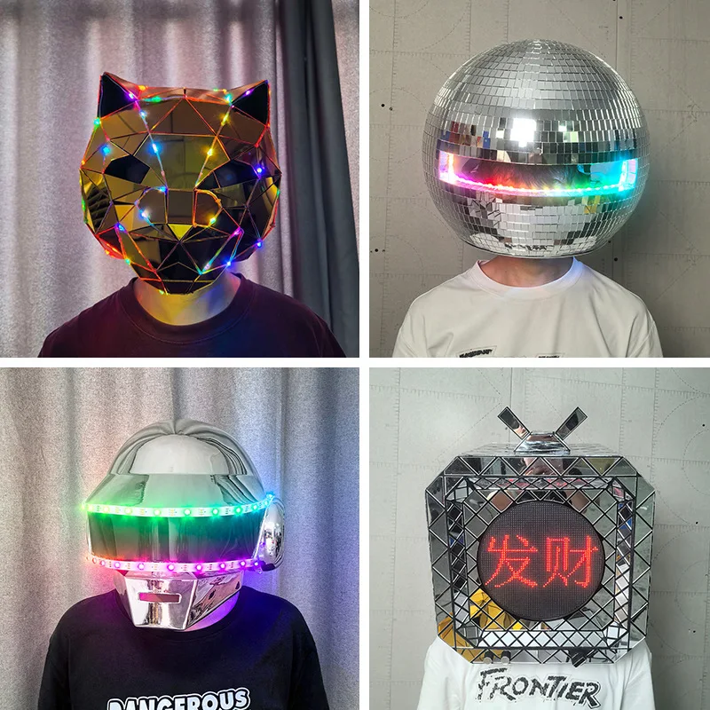 LED Mask Mirror Face Light Up Headpiece with Multi-Color Glow for Party Bar Club Music Festival Disco Ball Cat TV Cosplay