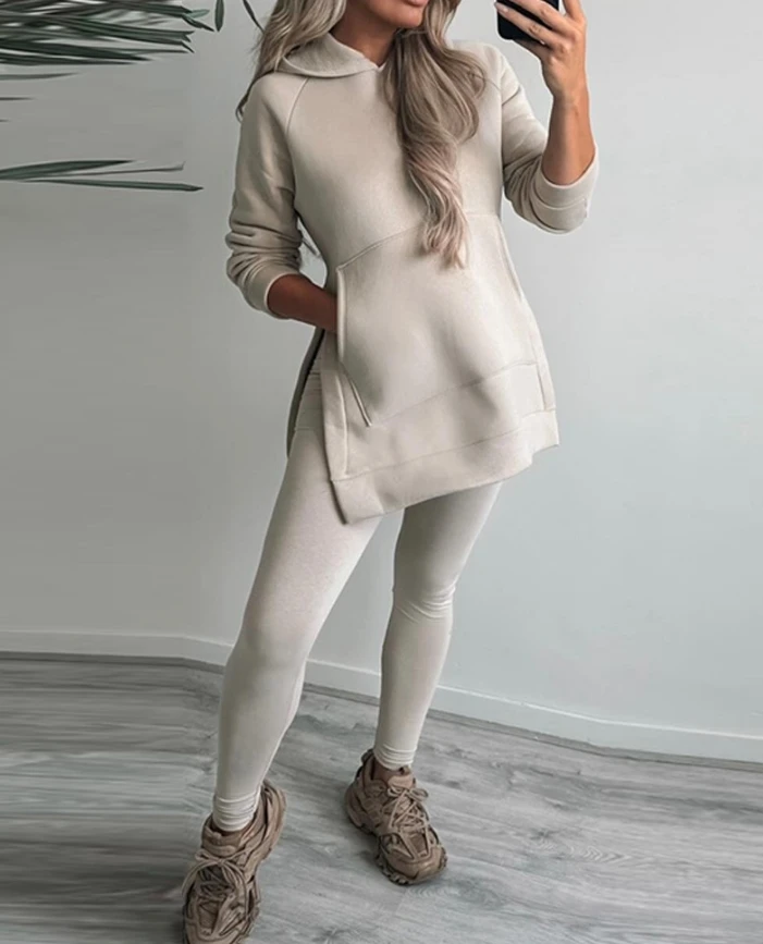 Two Piece Set Women Outfit 2024 Autumn Fashion Side Slit Kangaroo Pocket Design Long Sleeve Hoodie & Skinny Leggings Pants Set