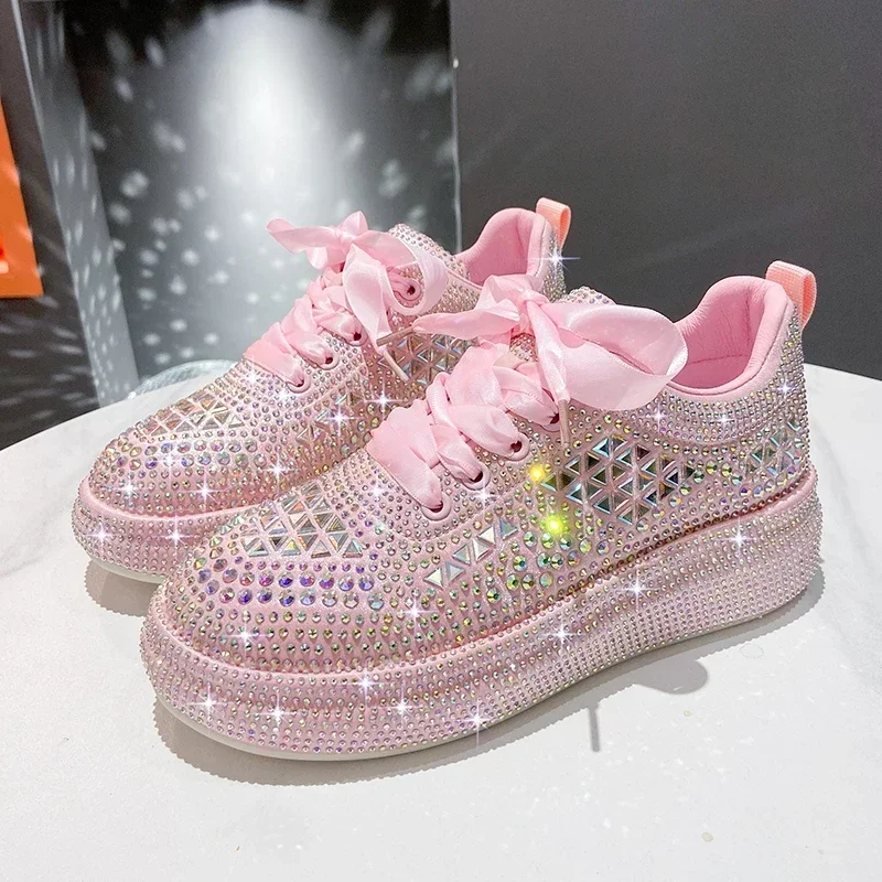 Zapatos deportivos de cristal brillante de fondo grueso para mujer, zapatillas de diseñador de lujo, zapatos casuales de moda, Otoño, 2024